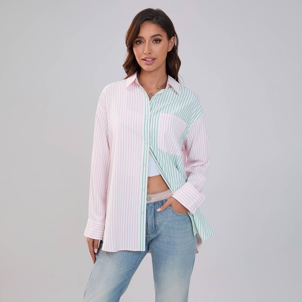 Wild Fable Oversized Striped Long Sleeve Button-Down Pink/Green Color block L